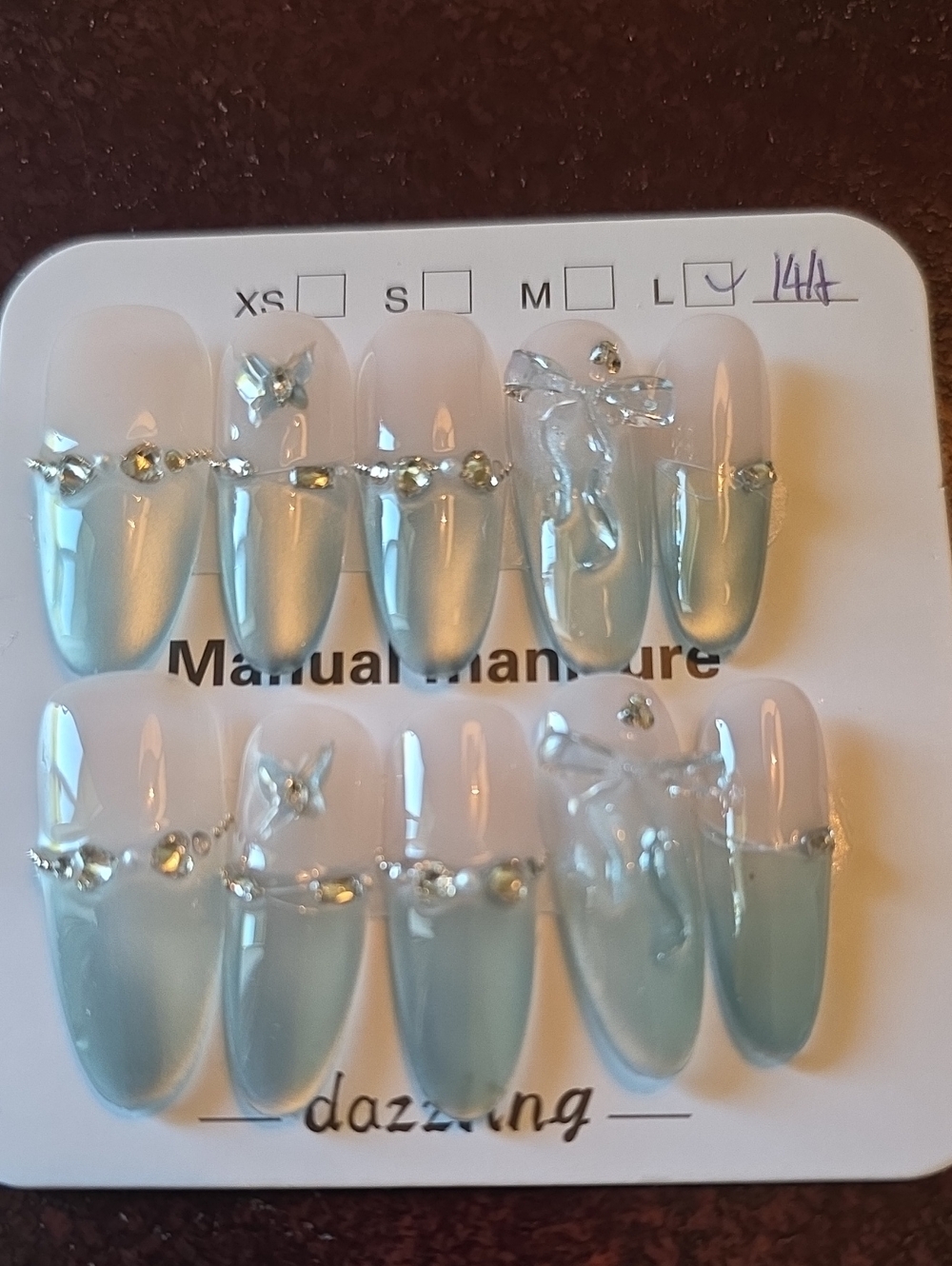 Light Blue Press-On Nail Set with Crystals Size Large